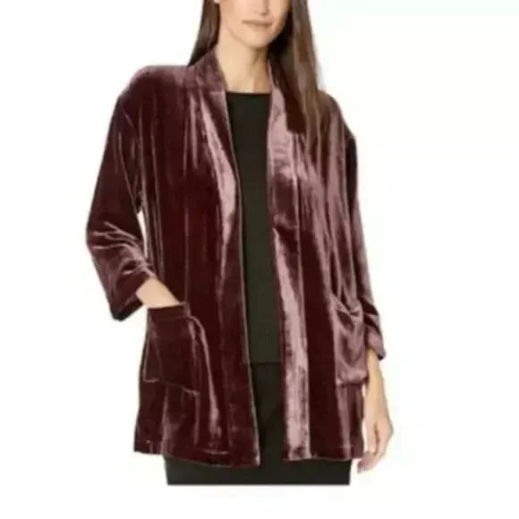 EILEEN FISHER Wine Kimono Velvet Silk Blend Jacket XS - Picture 2 of 8